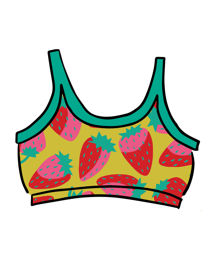 Drawing of Thunderpants Longline Bra in a Strawberry print - pink, red, and peacock green on chartreuse. 