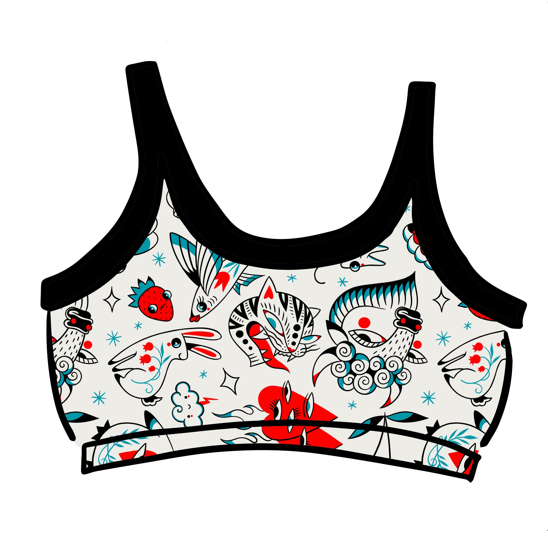 Drawing of Thunderpants Longline Bra in Inked Up - a tattoo pattern with black, red, and blue. 
