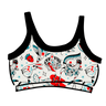 Drawing of Thunderpants Longline Bra in Inked Up - a tattoo pattern with black, red, and blue. 