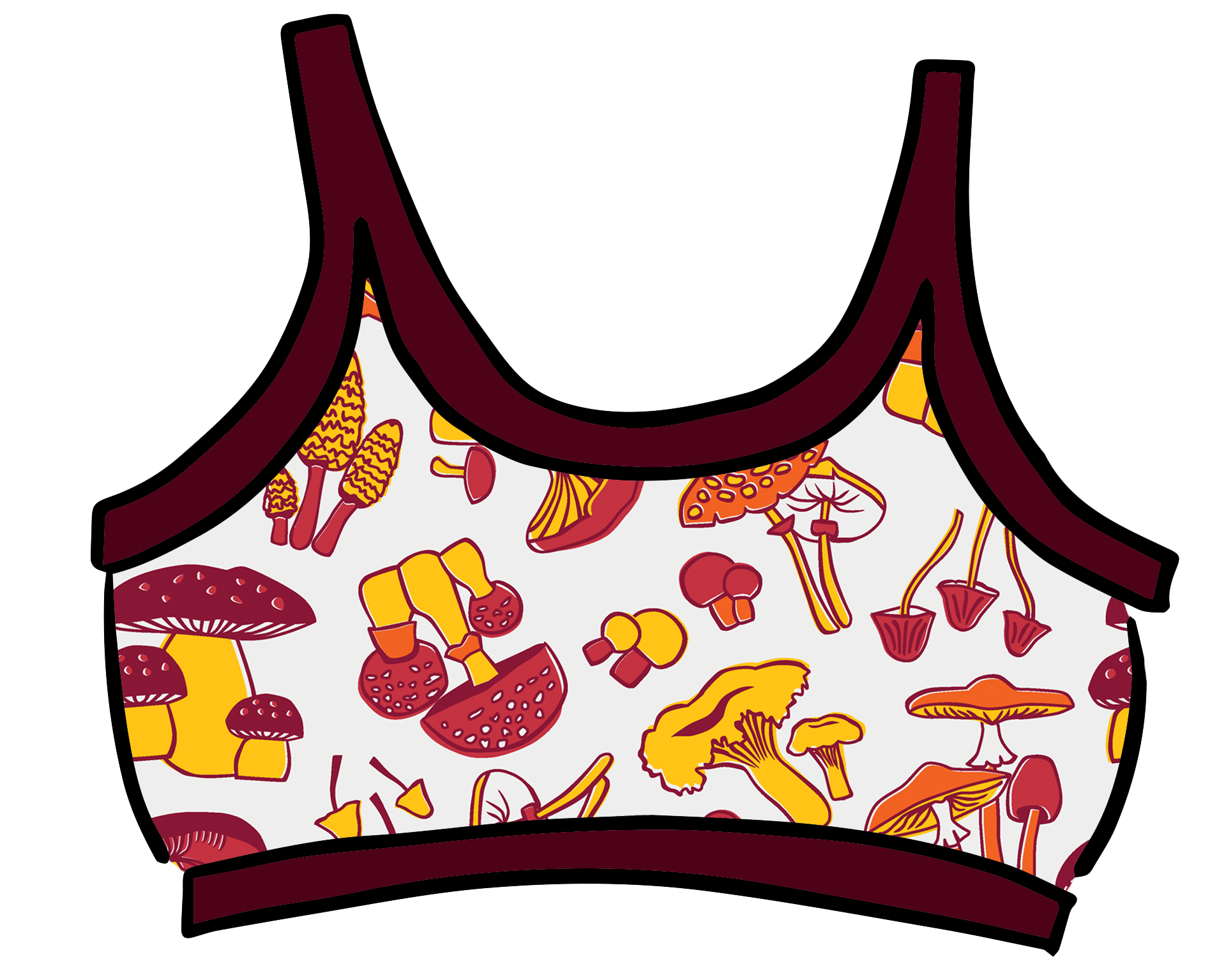 Drawing of Thunderpants Longline Bra in Whadda Fungi - red, yellow, and orange mushroom print.