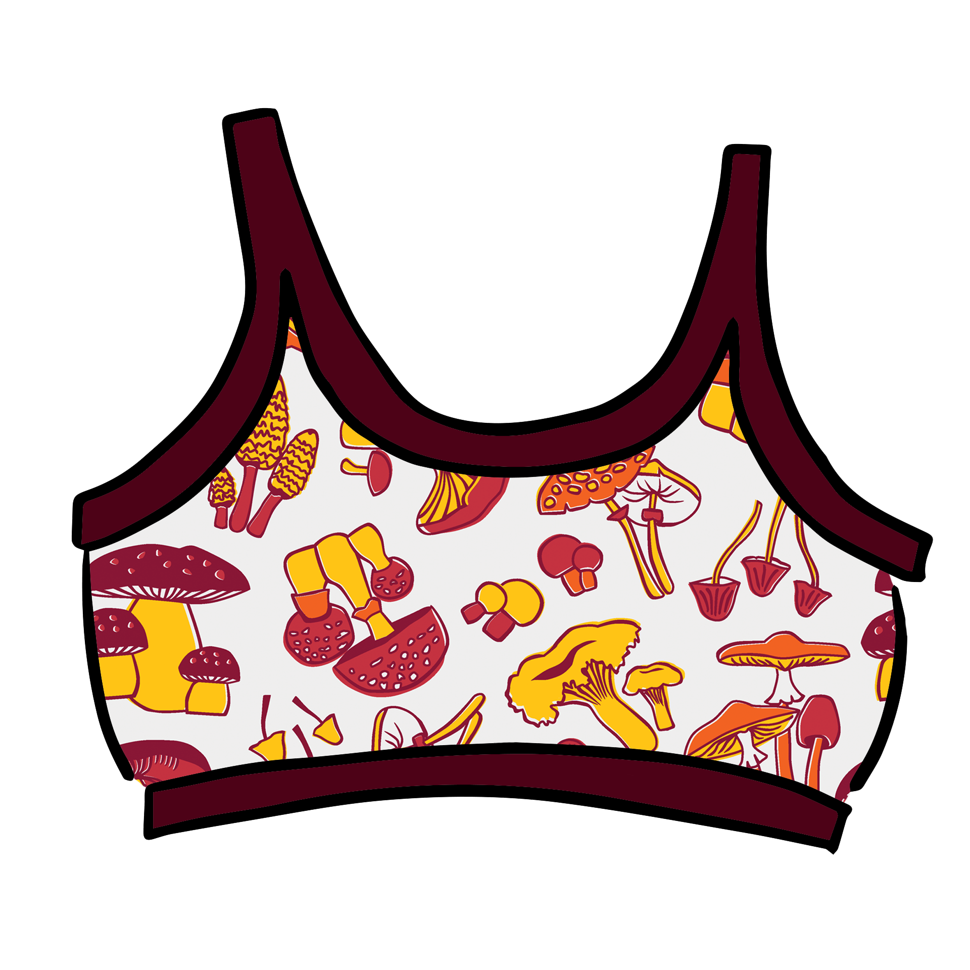 Drawing of Thunderpants Longline Bra in Whadda Fungi - red, yellow, and orange mushroom print.