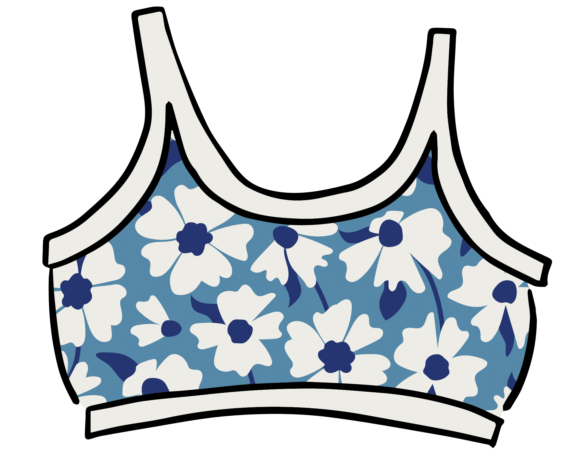 Drawing of Thunderpants Longline Bra in Moody Blooms - white and blue flowers with blue background.