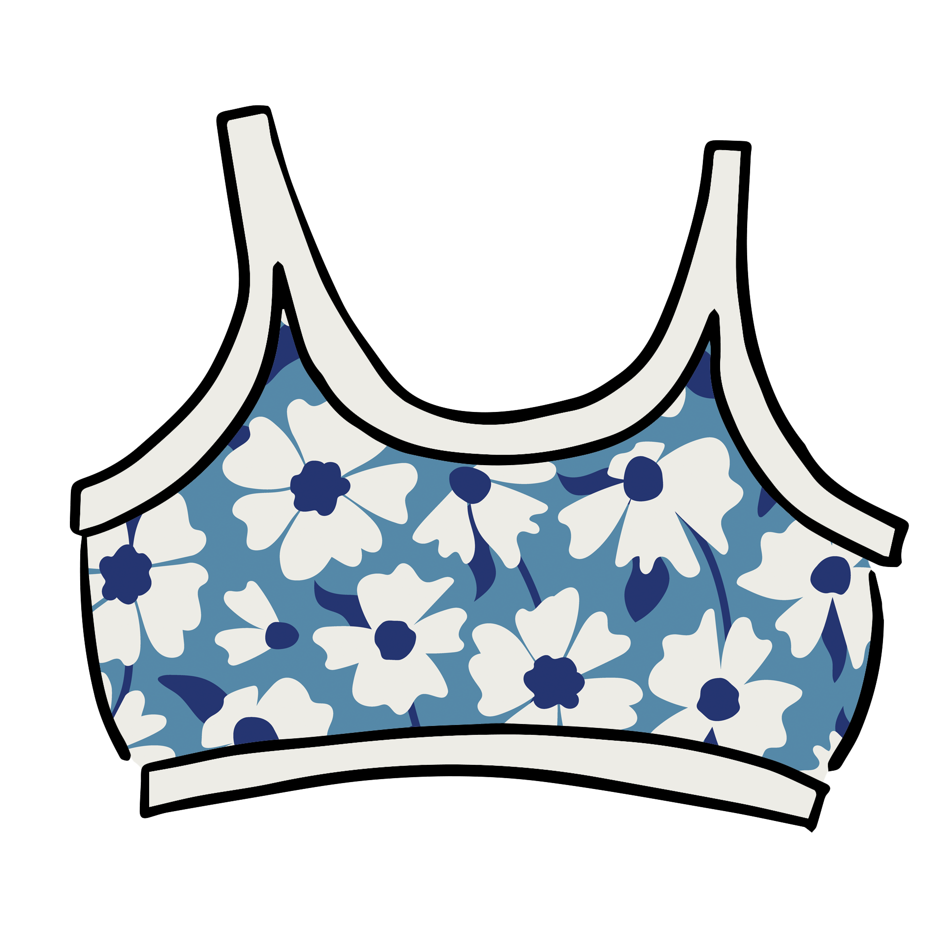 Drawing of Thunderpants Longline Bra in Moody Blooms - white and blue flowers with blue background.