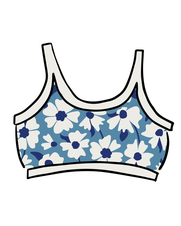 Drawing of Thunderpants Longline Bra in Moody Blooms - white and blue flowers with blue background.