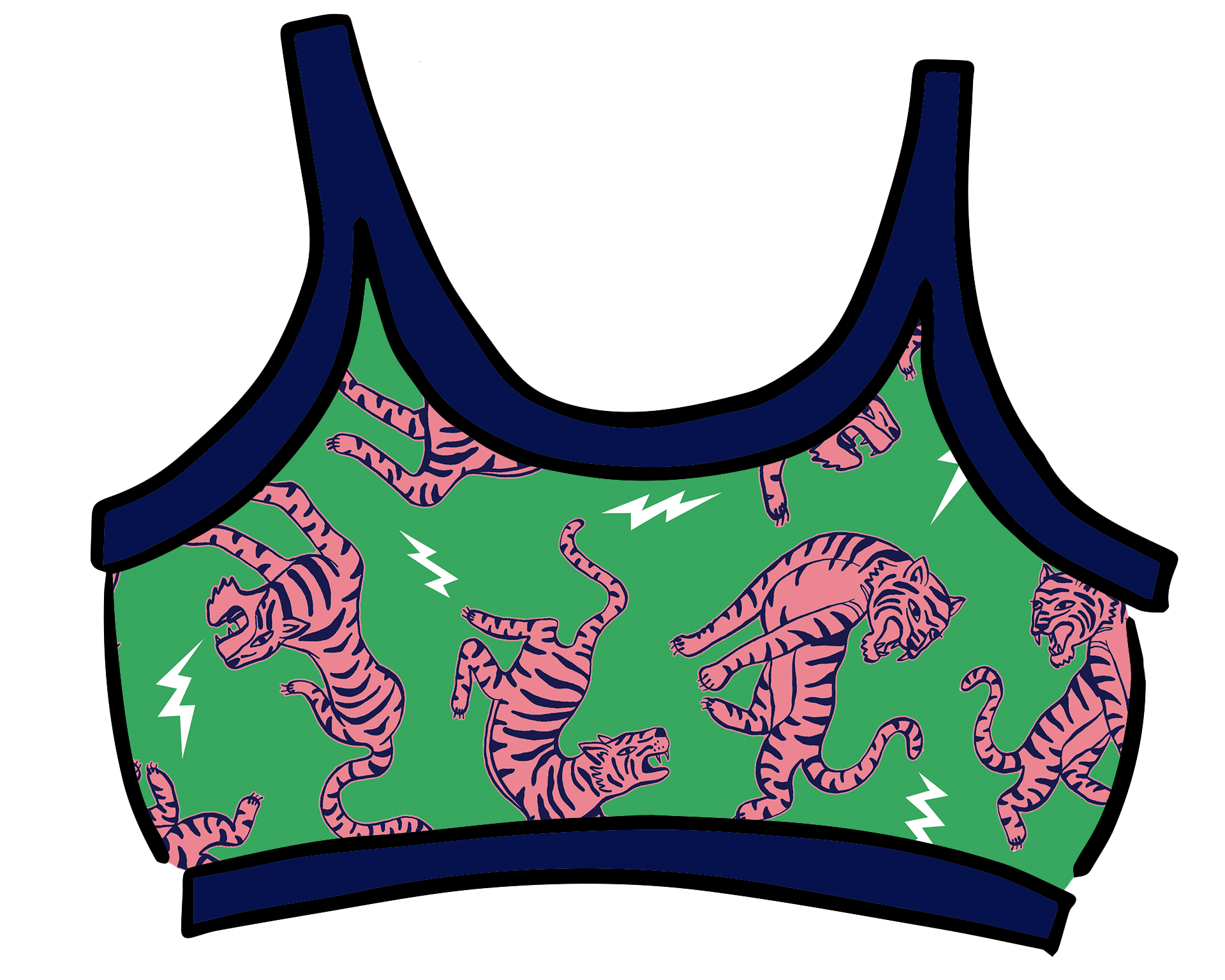 Drawing of Thunderpants organic cotton Longline Bra in Electric Tiger - green with pink and blue tigers and white lightning bolts.