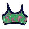 Drawing of Thunderpants organic cotton Longline Bra in Electric Tiger - green with pink and blue tigers and white lightning bolts.