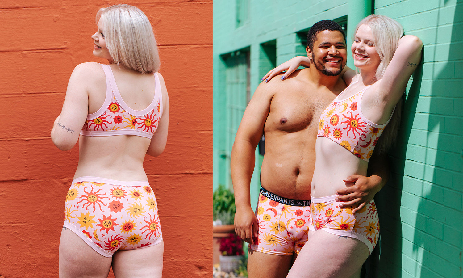 Two models wearing various Thunderpants items in Luna y Sol print - pink, yellow, and orange suns and moons.