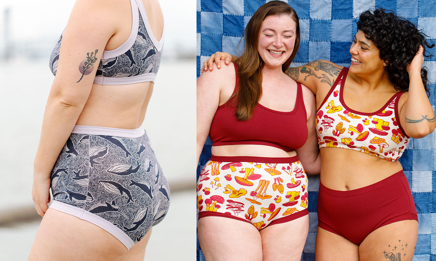 Models smiling in Thunderpants underwear and bra sets,
