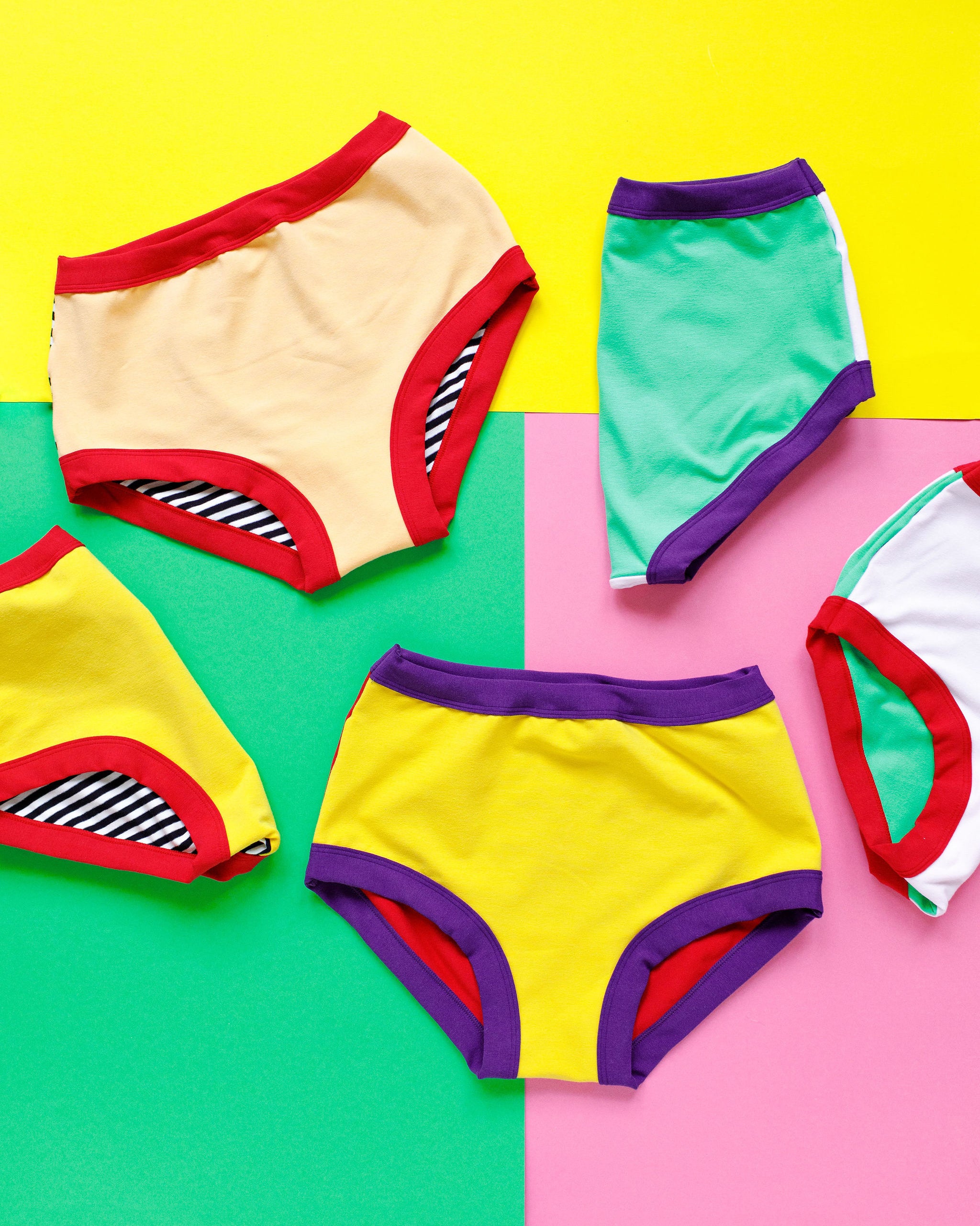 Flat lay of Thunderpants Hipster and Original style underwear - combination of different solids and prints.