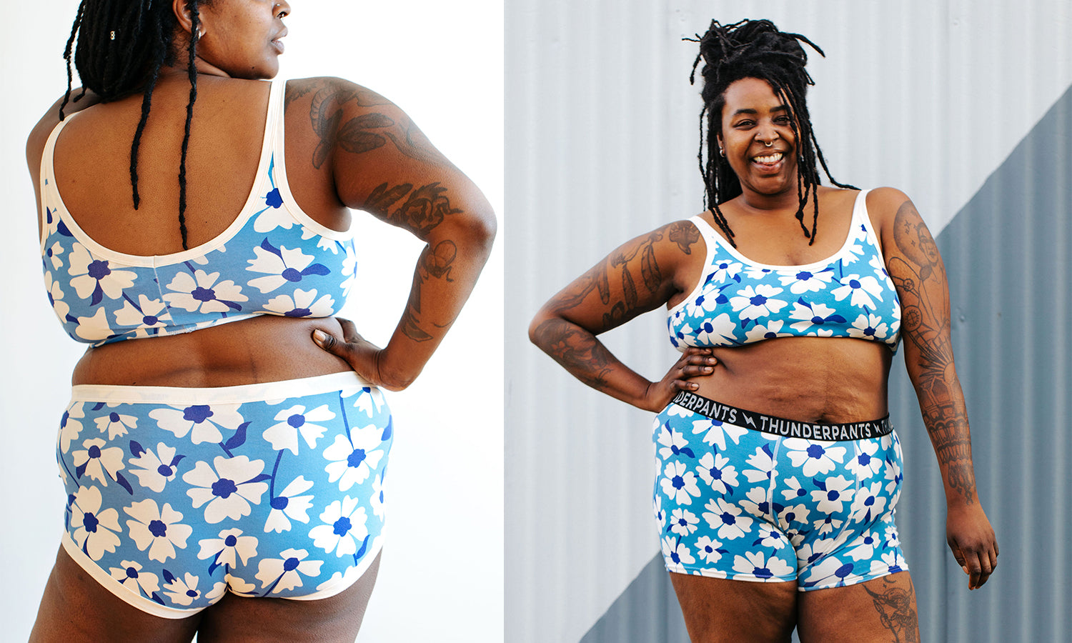 Model wearing various Thunderpants items n Moody Blooms print - blue and white flowers.