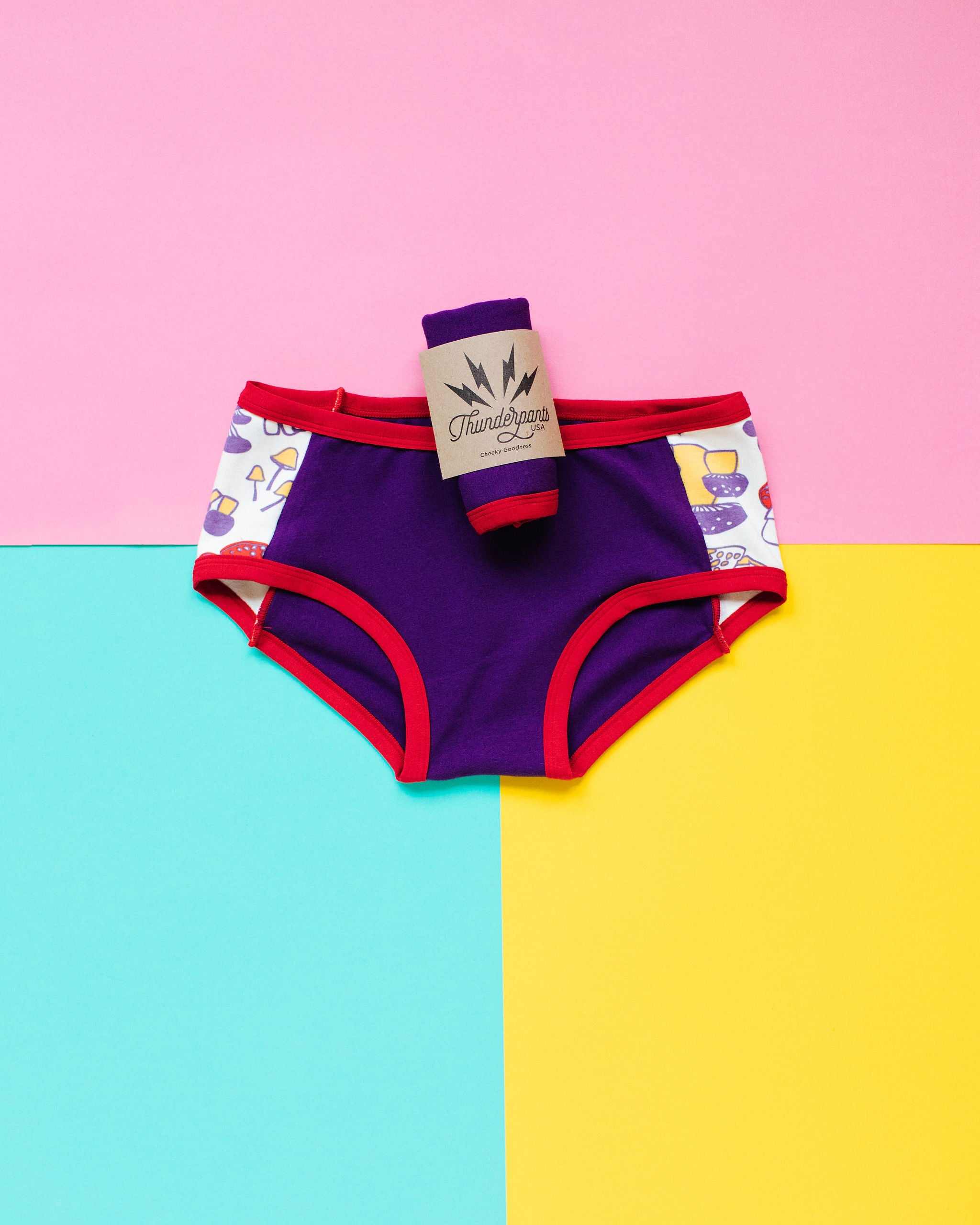 Flat lay of Thunderpants Hipster Panel Pants style underwear in Mushroom Magic - mushroom sides, purple middle, and red binding.