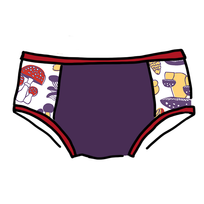 Drawing of Thunderpants Hipster Panel Pants style underwear in Mushroom Magic - mushroom sides, purple middle, and red binding.
