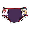 Drawing of Thunderpants Hipster Panel Pants style underwear in Mushroom Magic - mushroom sides, purple middle, and red binding.