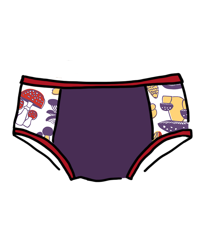 Drawing of Thunderpants Hipster Panel Pants style underwear in Mushroom Magic - mushroom sides, purple middle, and red binding.