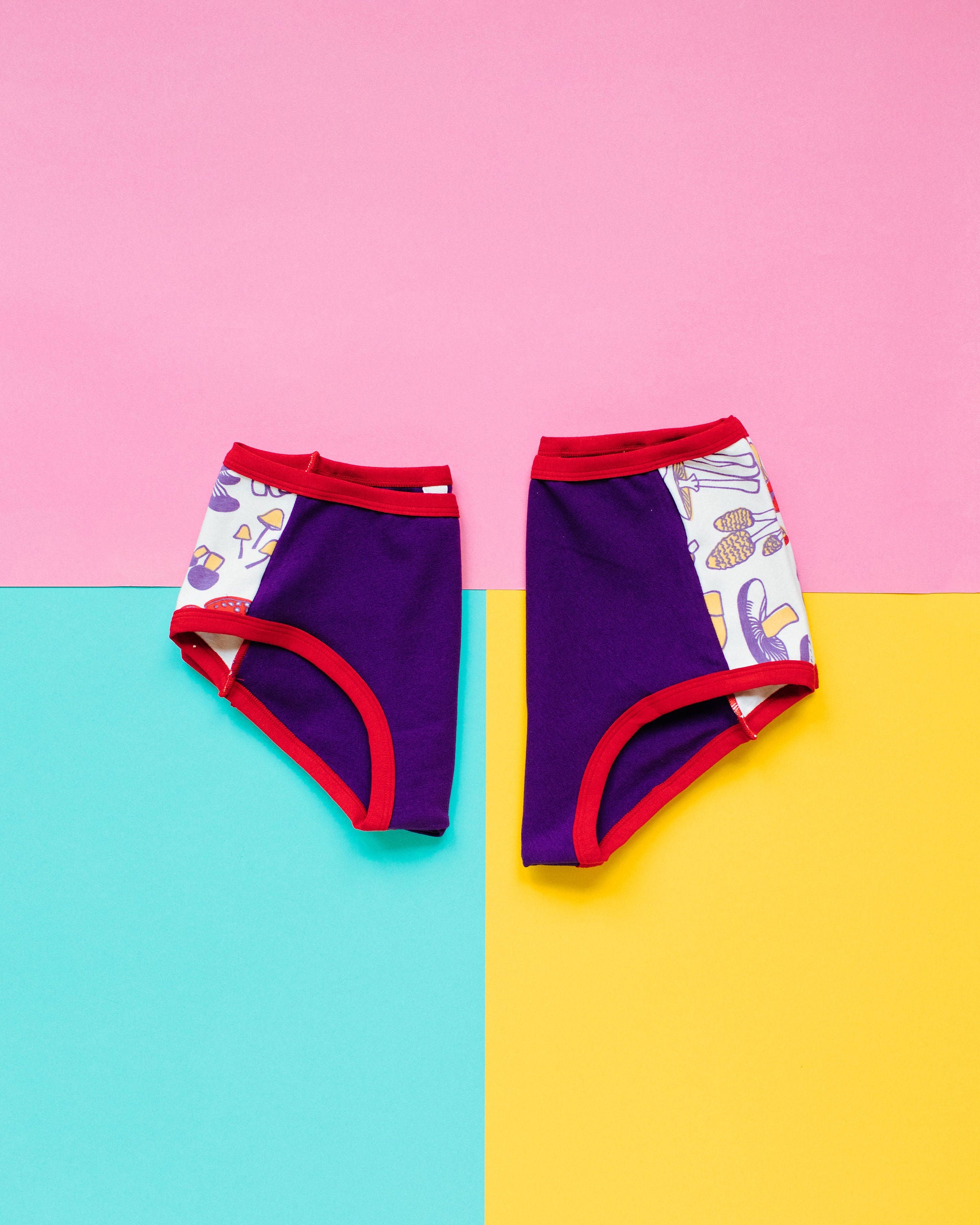 Flat lay of Thunderpants Hipster and Original Panel Pants style underwear in Mushroom Magic - mushroom sides, purple middle, and red binding.