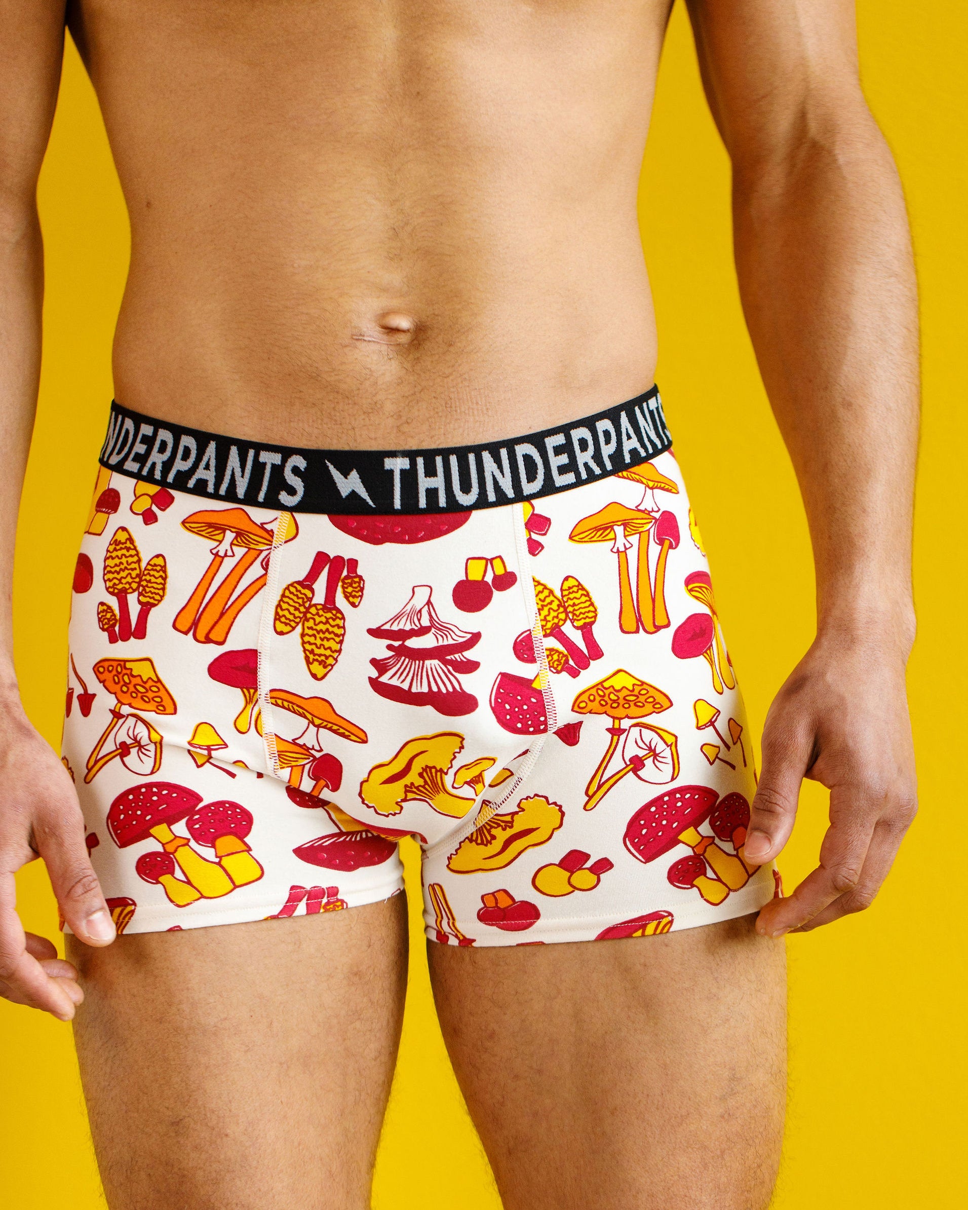 Male model wearing Thunderpants organic cotton Boxer Brief style underwear in a mushroom print.