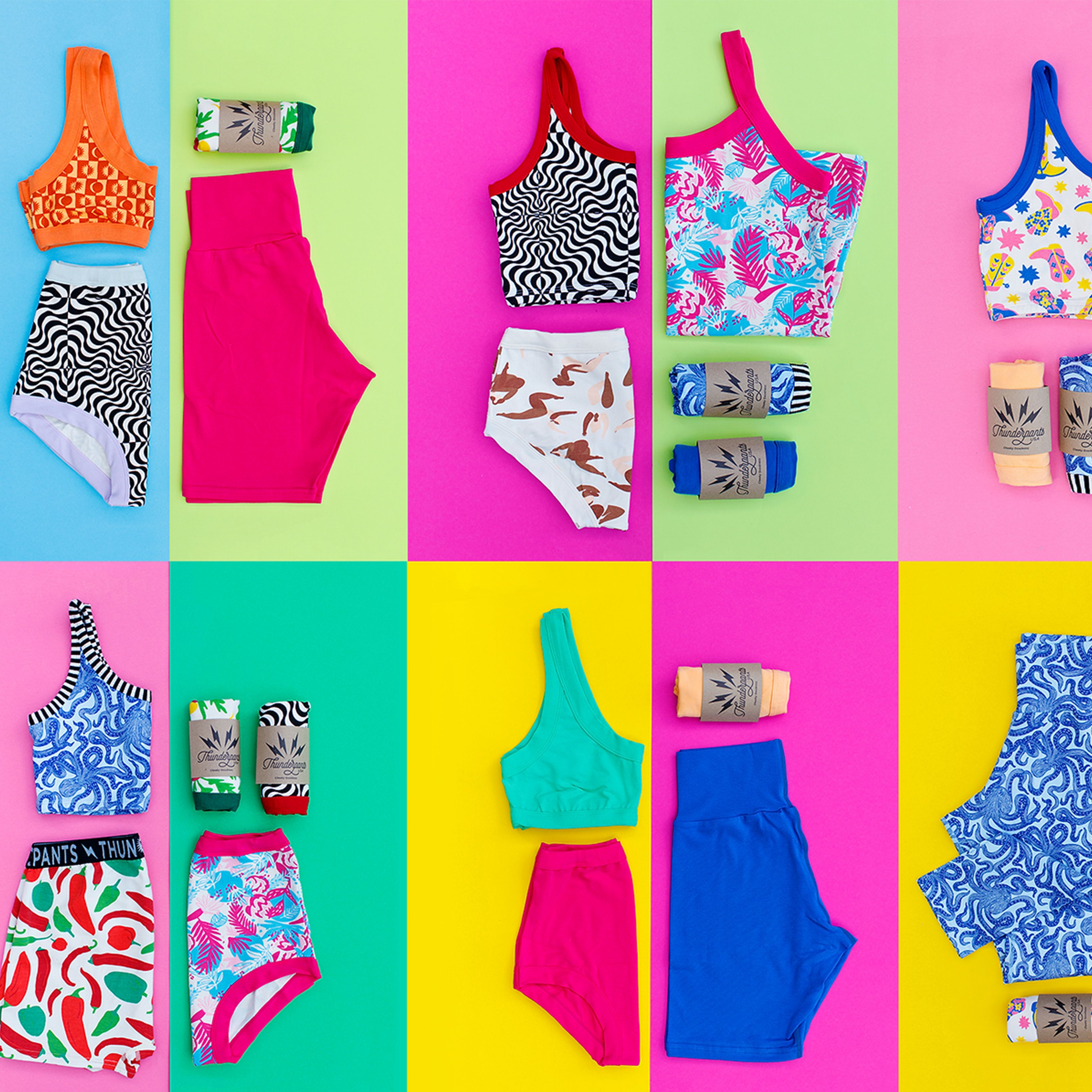 Many different Thunderpants items in various prints and styles.