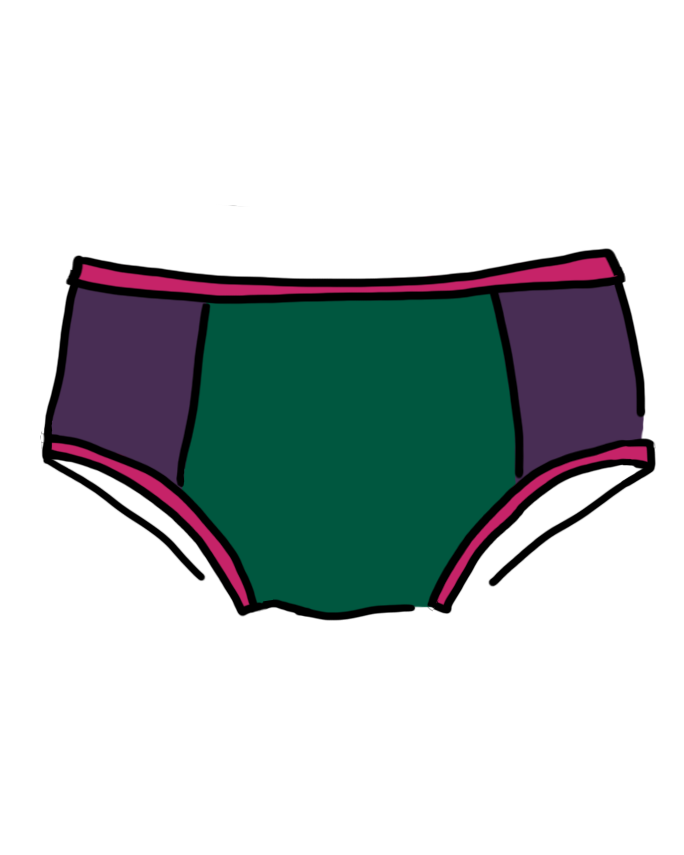 Drawing of Thunderpants Hipster Panel Pants style underwear in 90's Dream - purple sides, green middle, and pink binding.