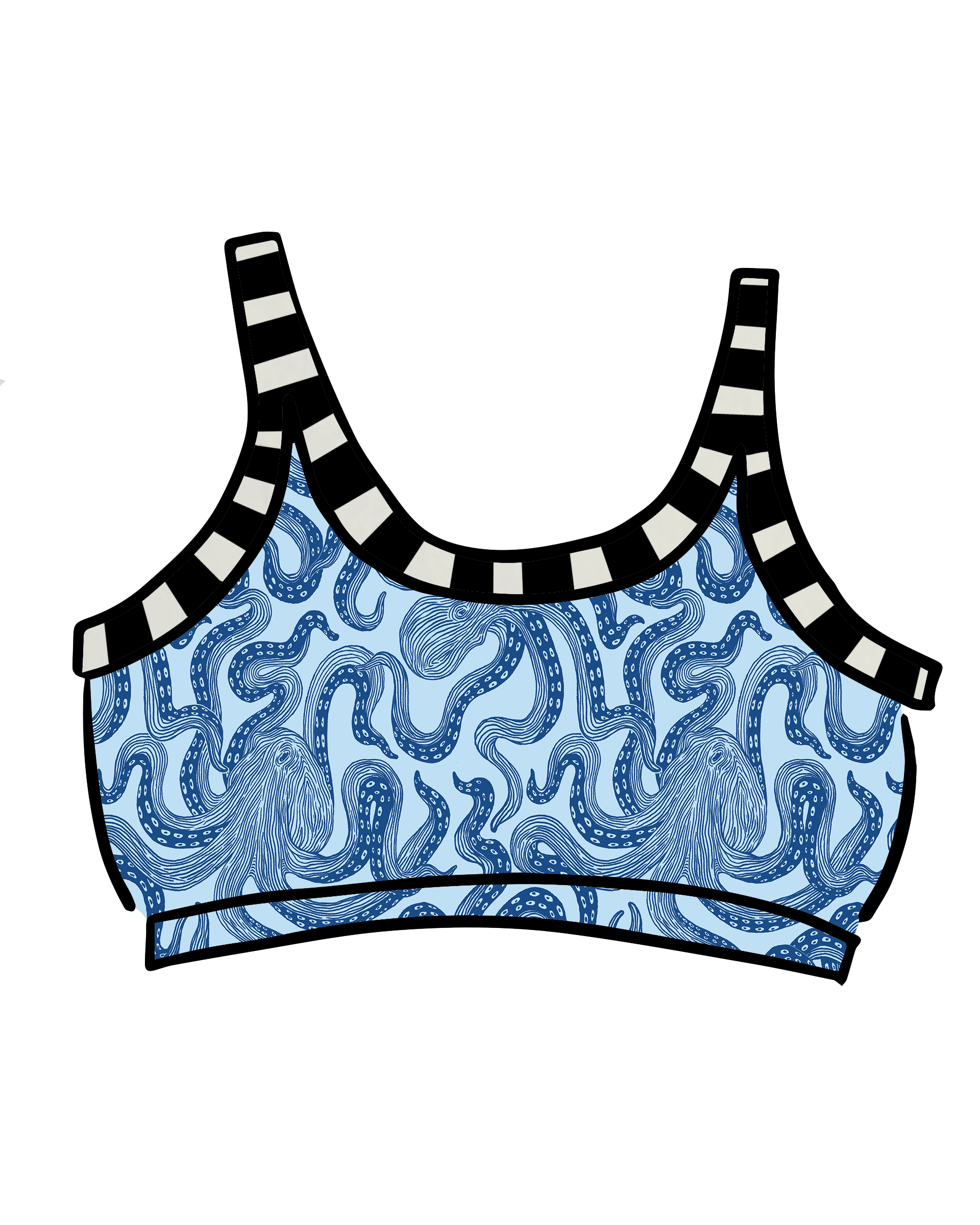 Drawing of Thunderpants Longline Bra in Octopants print - light blue with dark blue octopuses.