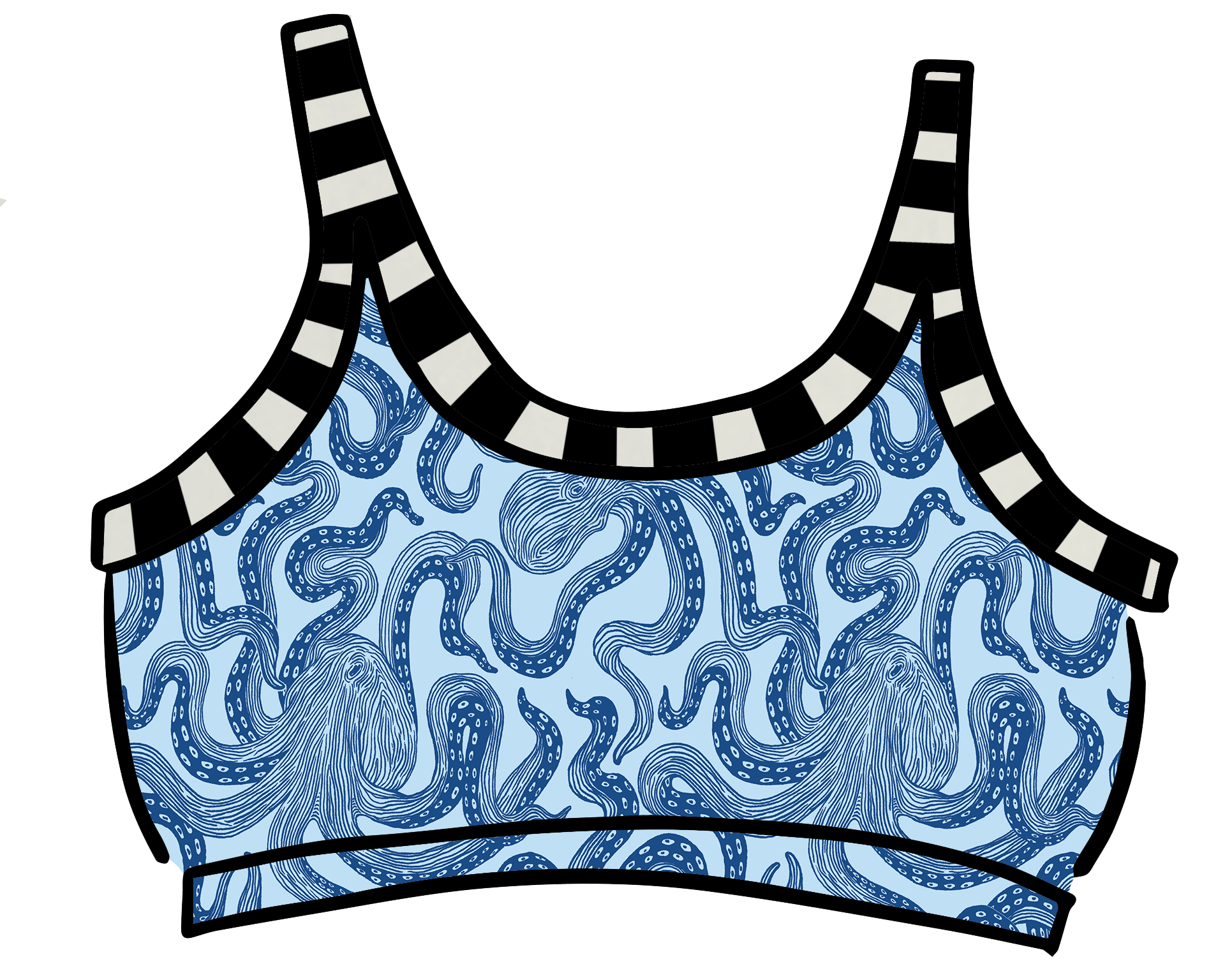 Drawing of Thunderpants Longline Bra in Octopants print - light blue with dark blue octopuses.