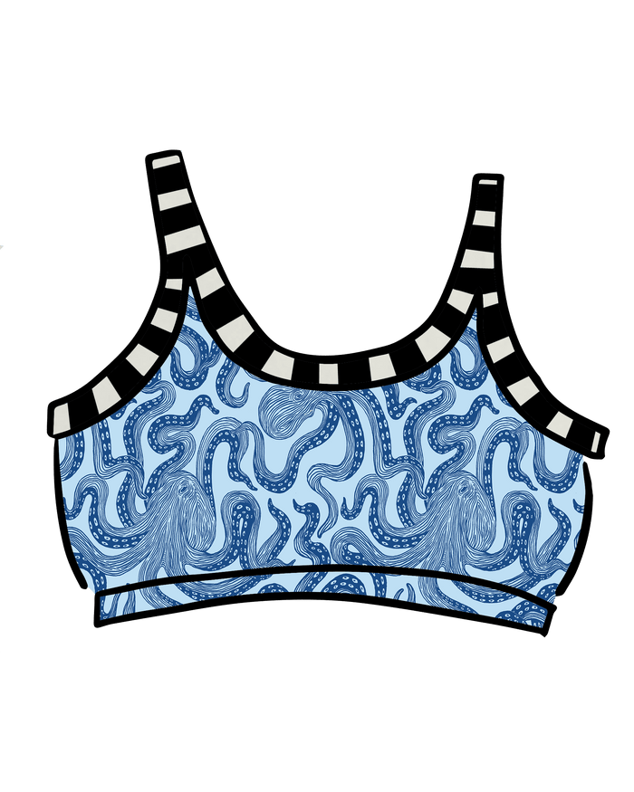 Drawing of Thunderpants Longline Bra in Octopants print - light blue with dark blue octopuses.