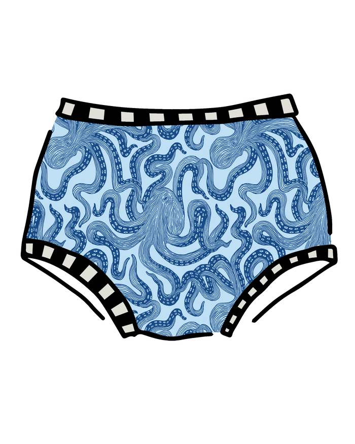 Drawing of Thunderpants Original style underwear in Octo-Pants print.