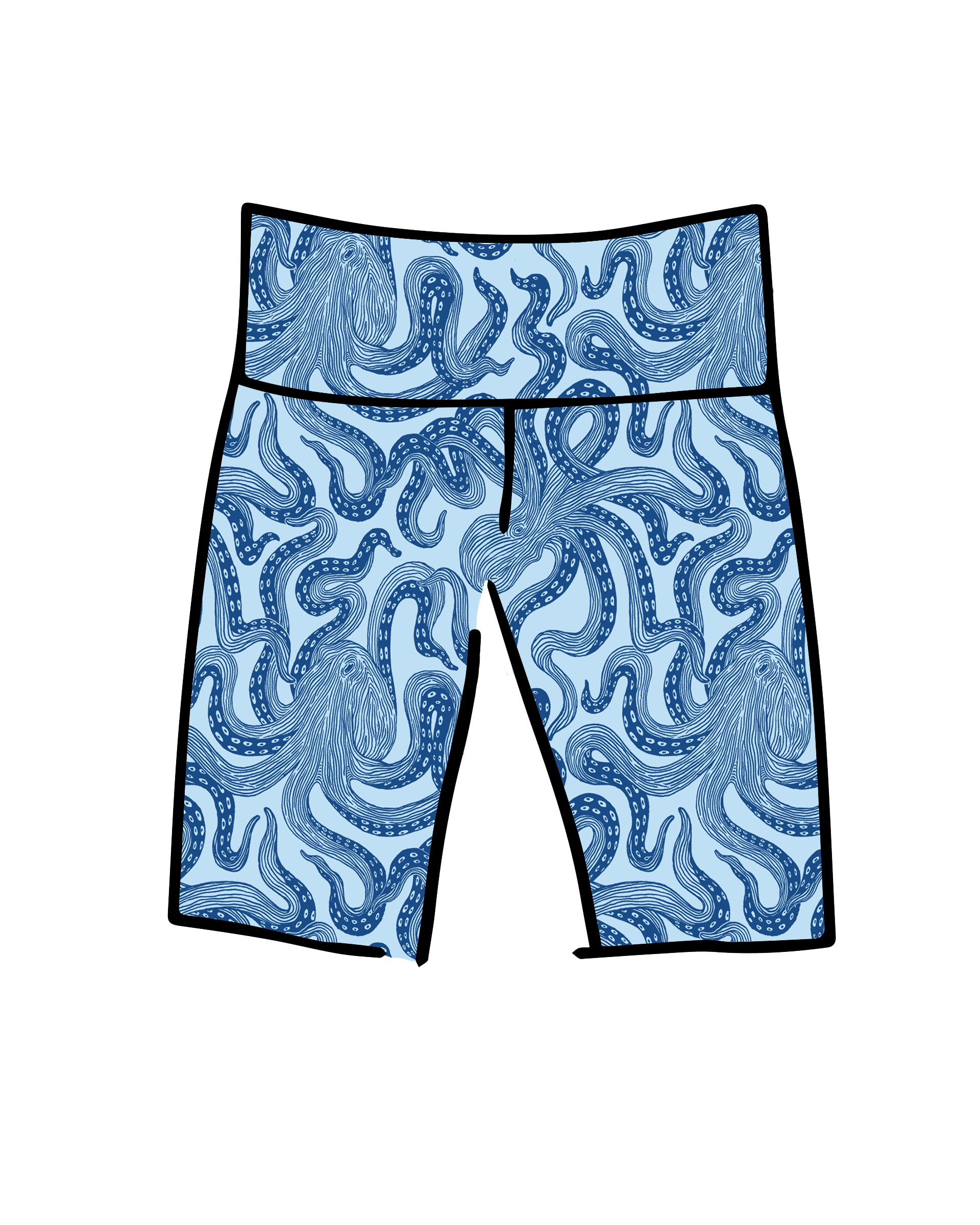 Drawing of Thunderpants Bike Shorts in Octo-Pants print - dark blue octopus on light blue fabric.