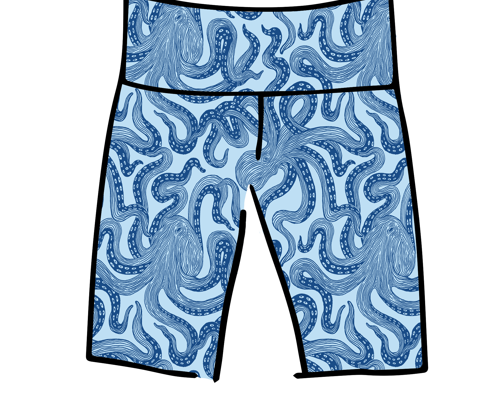 Drawing of Thunderpants Bike Shorts in Octo-Pants print - dark blue octopus on light blue fabric.