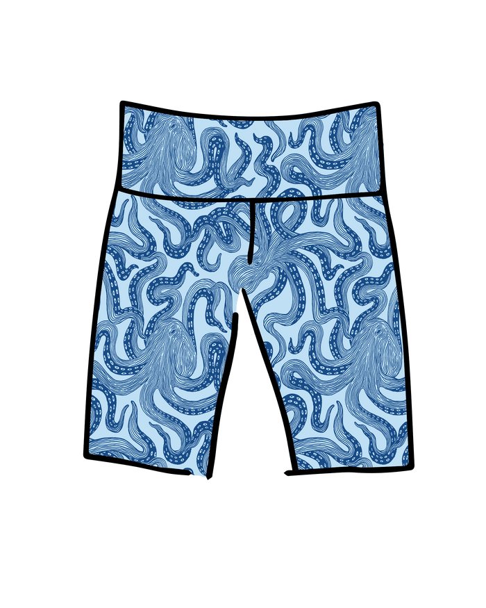 Drawing of Thunderpants Bike Shorts in Octo-Pants print - dark blue octopus on light blue fabric.