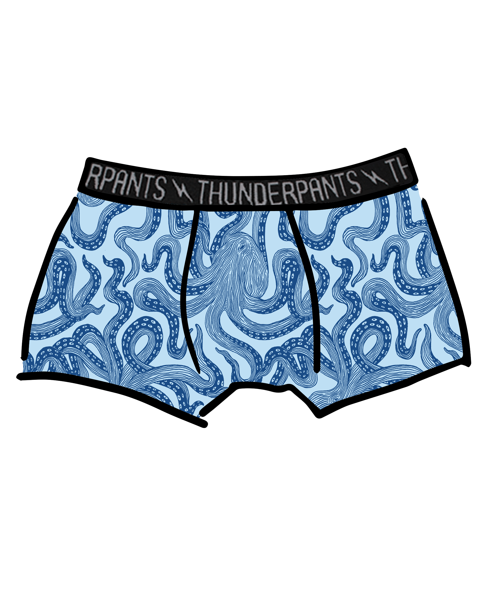 Drawing of Thunderpants Boxer Brief style underwear in Octo-Pants print - dark blue octopus on light blue fabric.