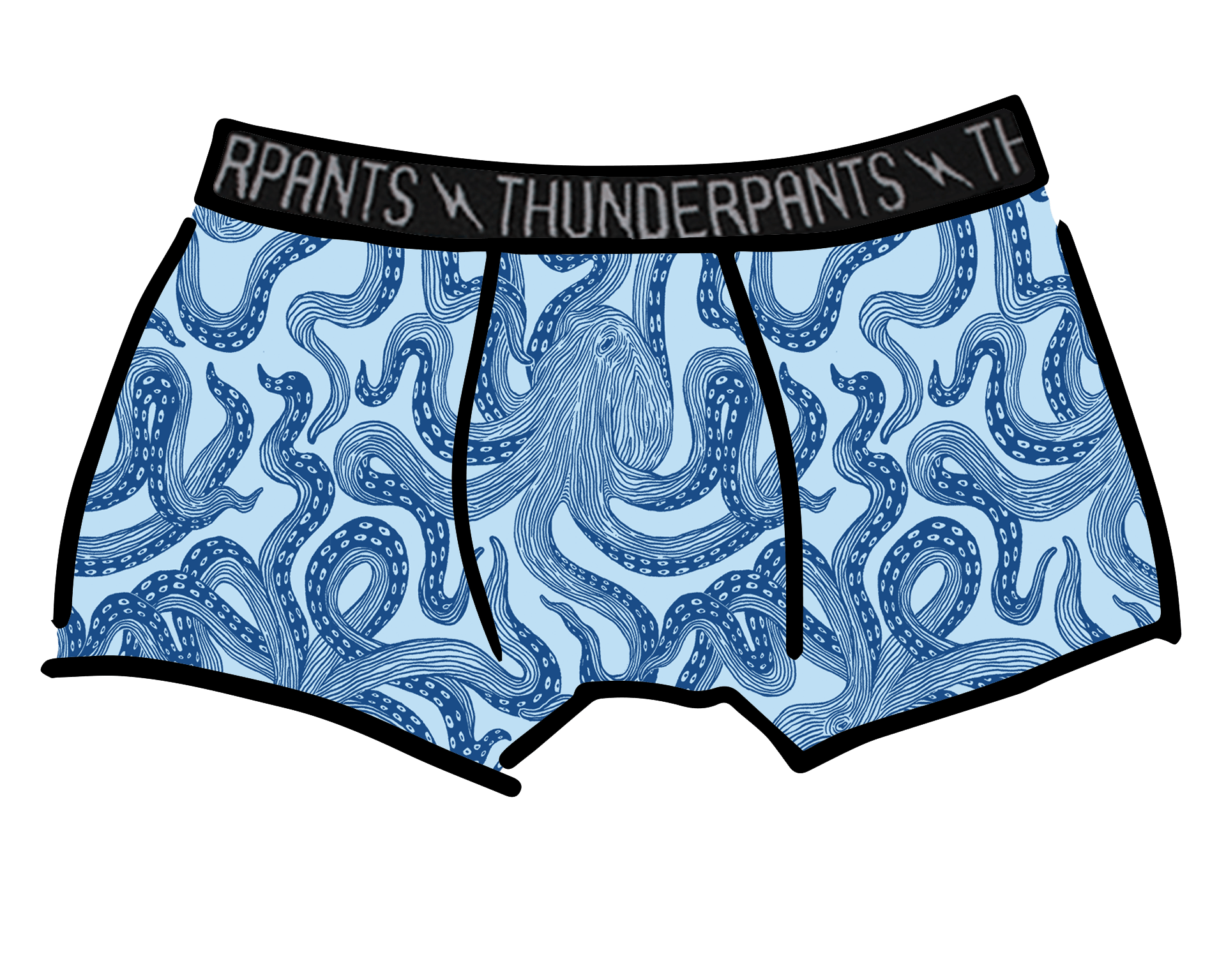 Drawing of Thunderpants Boxer Brief style underwear in Octo-Pants print - dark blue octopus on light blue fabric.