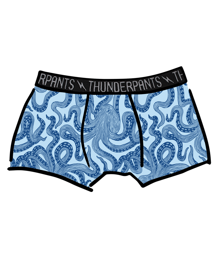 Drawing of Thunderpants Boxer Brief style underwear in Octo-Pants print - dark blue octopus on light blue fabric.