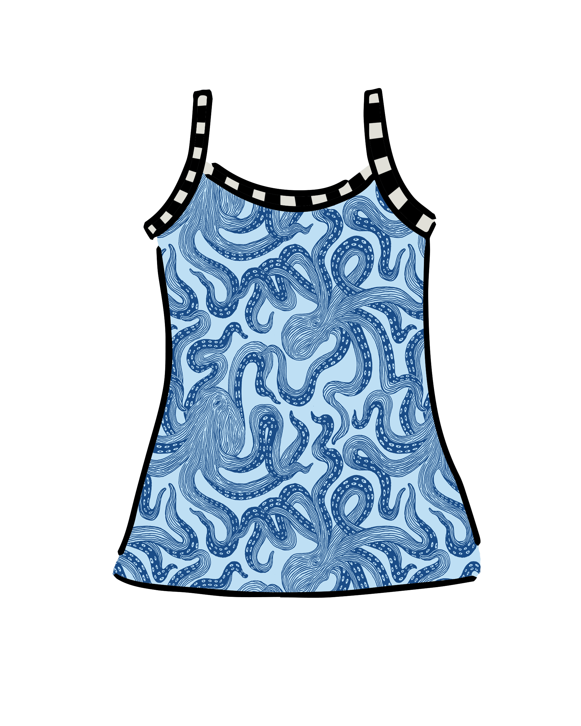 Drawing of Thunderpants Camisole in Octo-Pants print - dark blue octopus on light blue fabric.