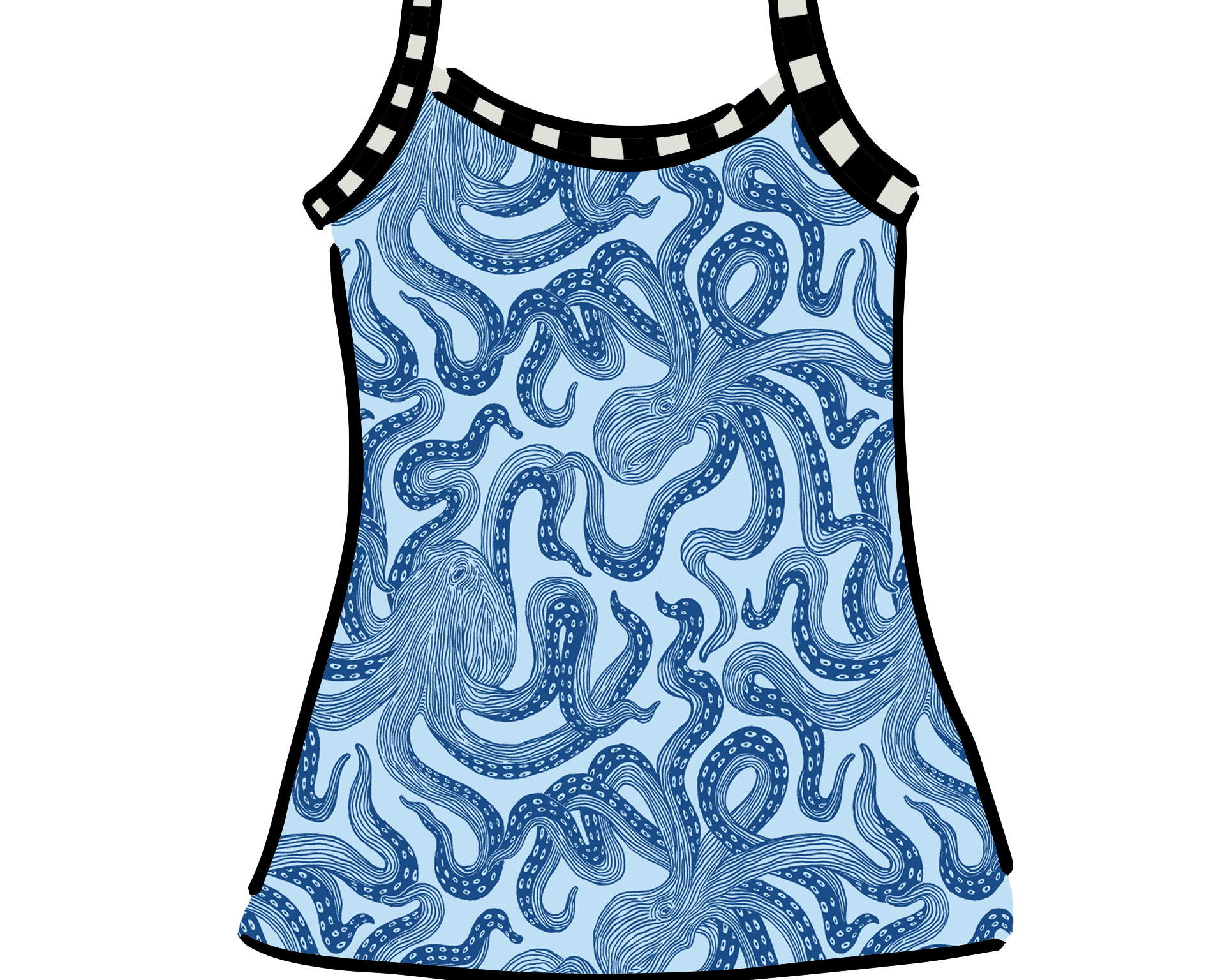 Drawing of Thunderpants Camisole in Octo-Pants print - dark blue octopus on light blue fabric.