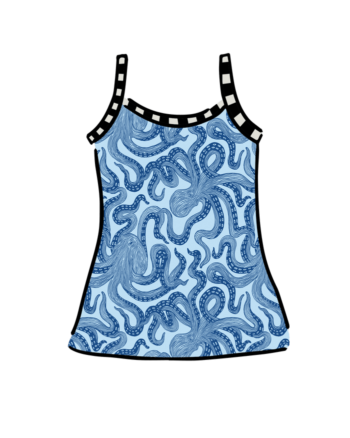 Drawing of Thunderpants Camisole in Octo-Pants print - dark blue octopus on light blue fabric.