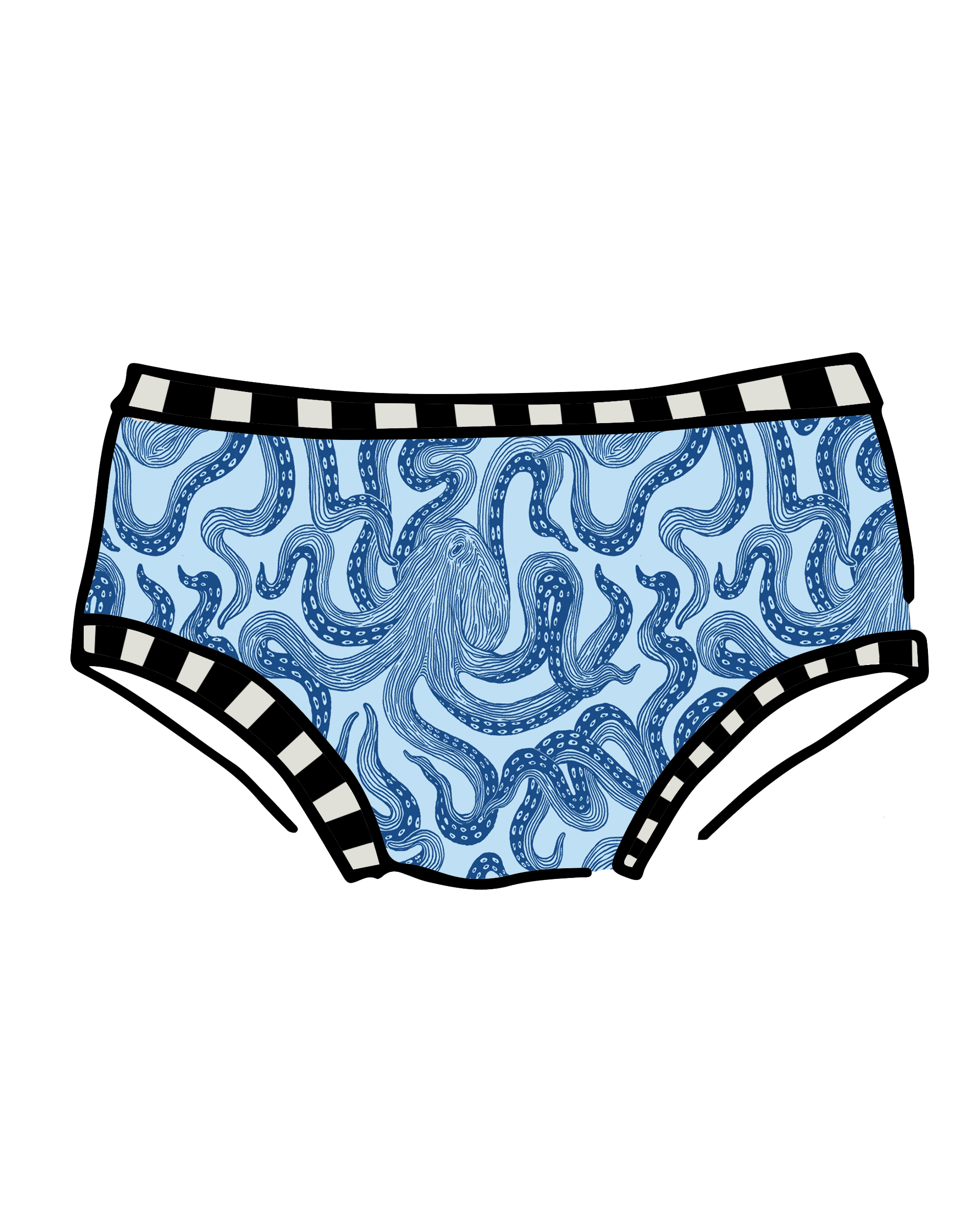 Drawing of Thunderpants Hipster style underwear in Octo-Pants print - dark blue octopus on light blue fabric.