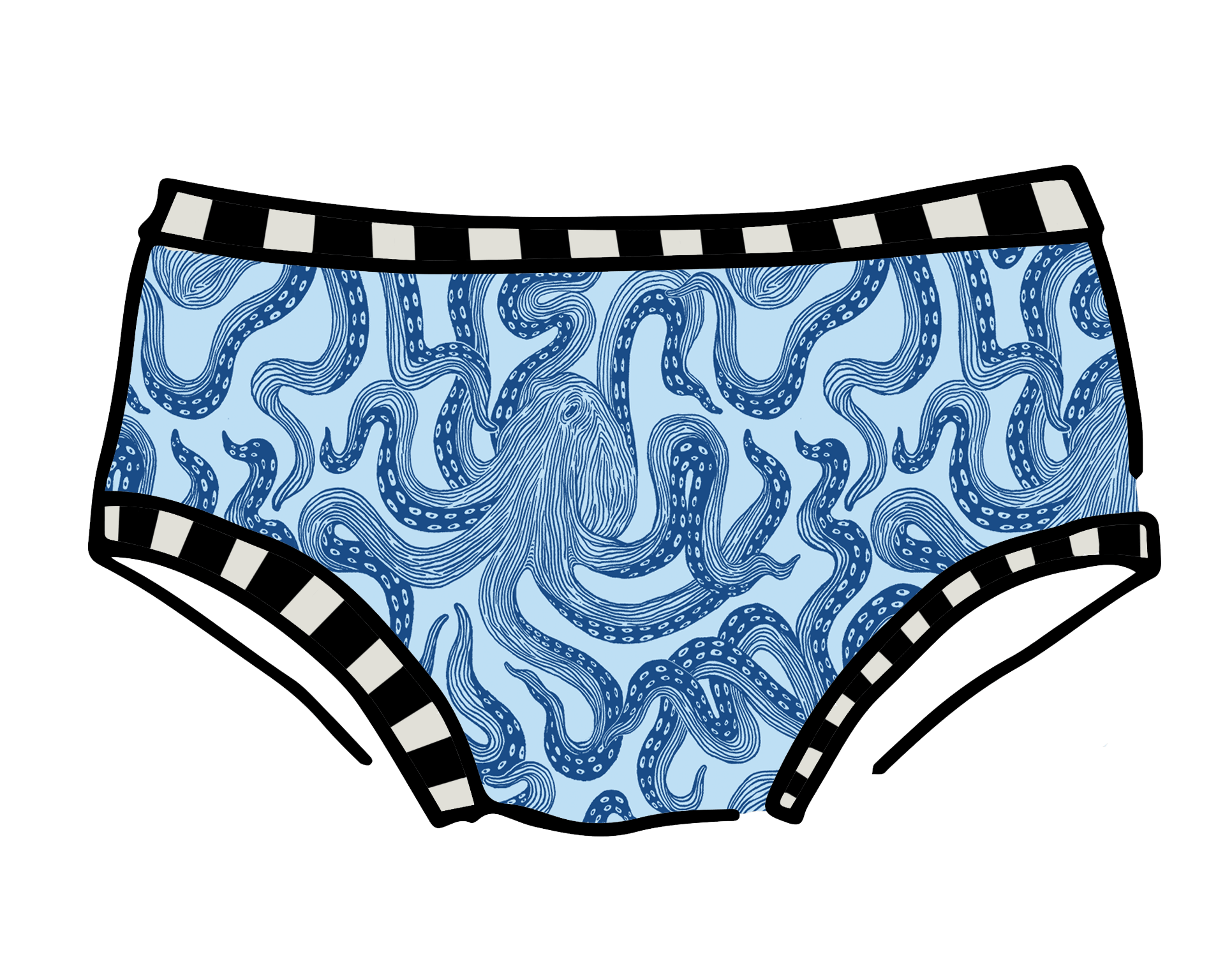 Drawing of Thunderpants Hipster style underwear in Octo-Pants print - dark blue octopus on light blue fabric.