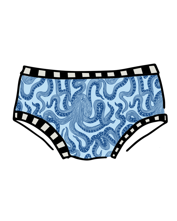 Drawing of Thunderpants Hipster style underwear in Octo-Pants print - dark blue octopus on light blue fabric.