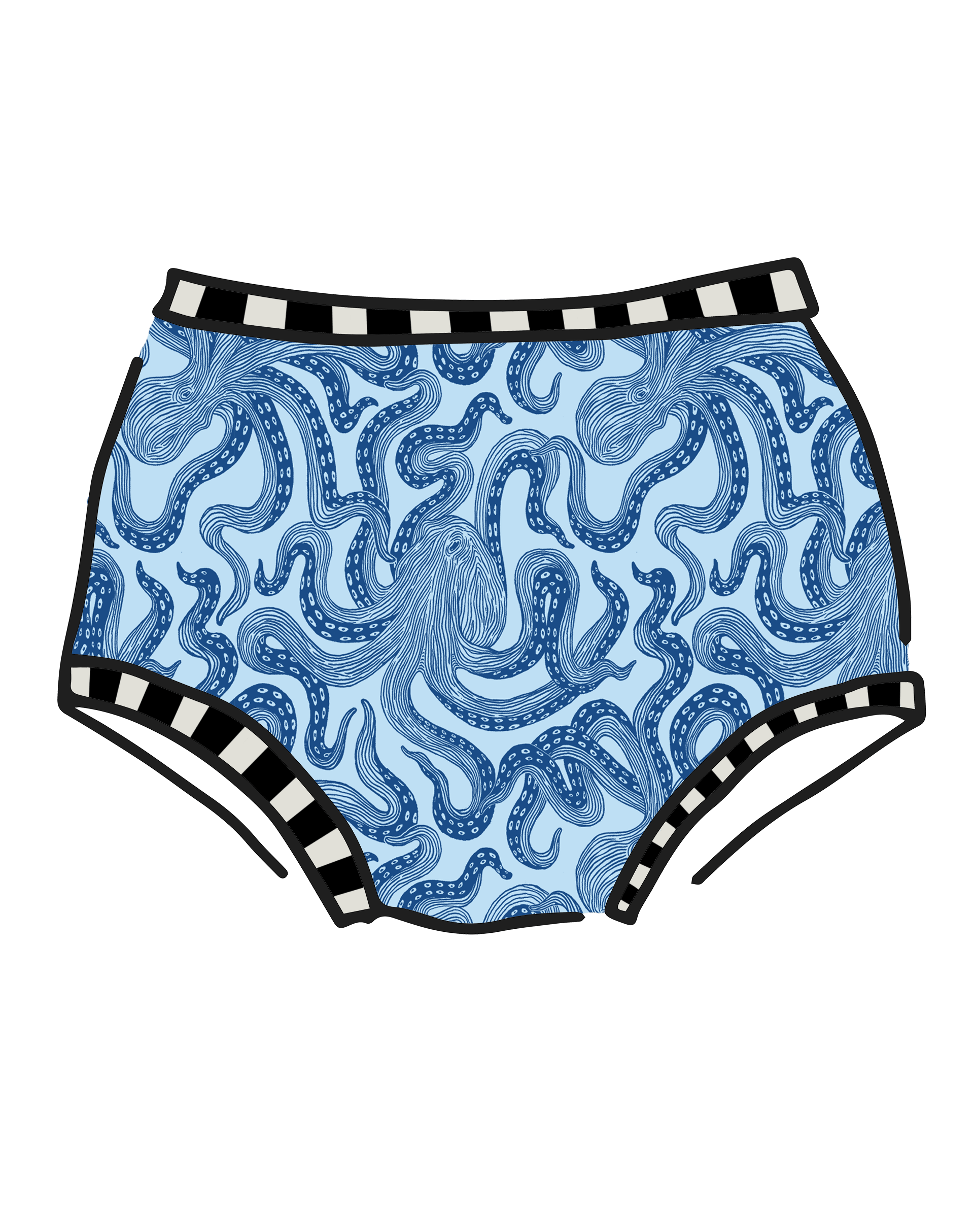 Drawing of Thunderpants Original style underear in Octo-Pants print - dark blue octopus on light blue fabric.