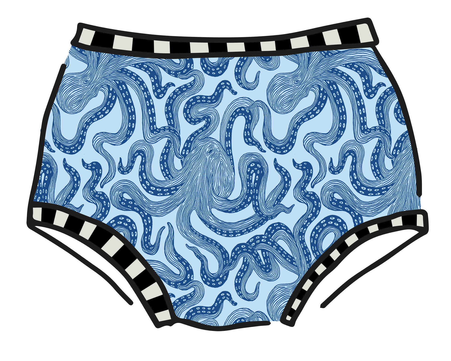 Drawing of Thunderpants Original style underear in Octo-Pants print - dark blue octopus on light blue fabric.