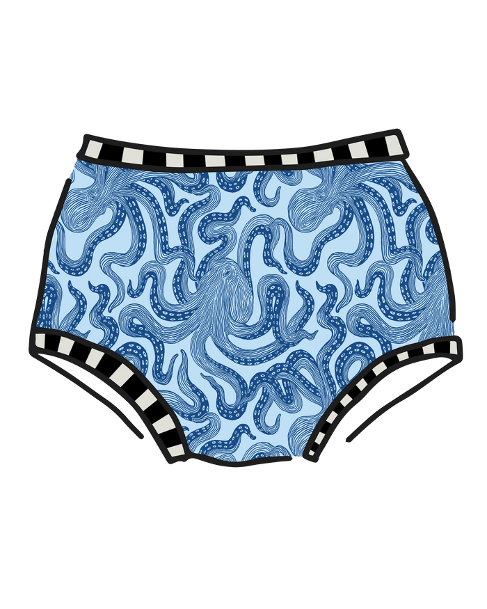 Drawing of Thunderpants Original style underear in Octo-Pants print - dark blue octopus on light blue fabric.