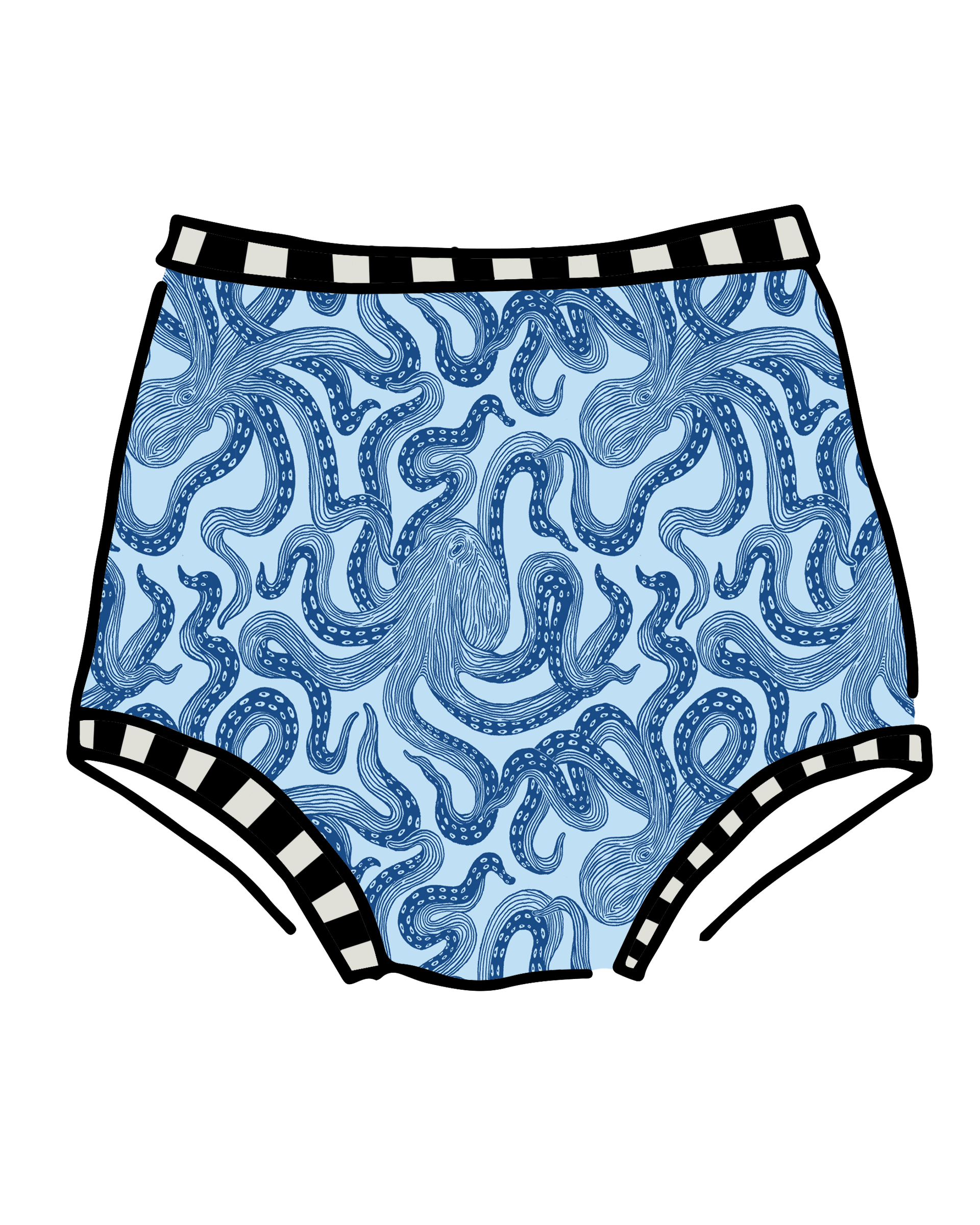 Drawing of Thunderpants Sky Rise style underwear in Octo-Pants print - dark blue octopus on light blue fabric.