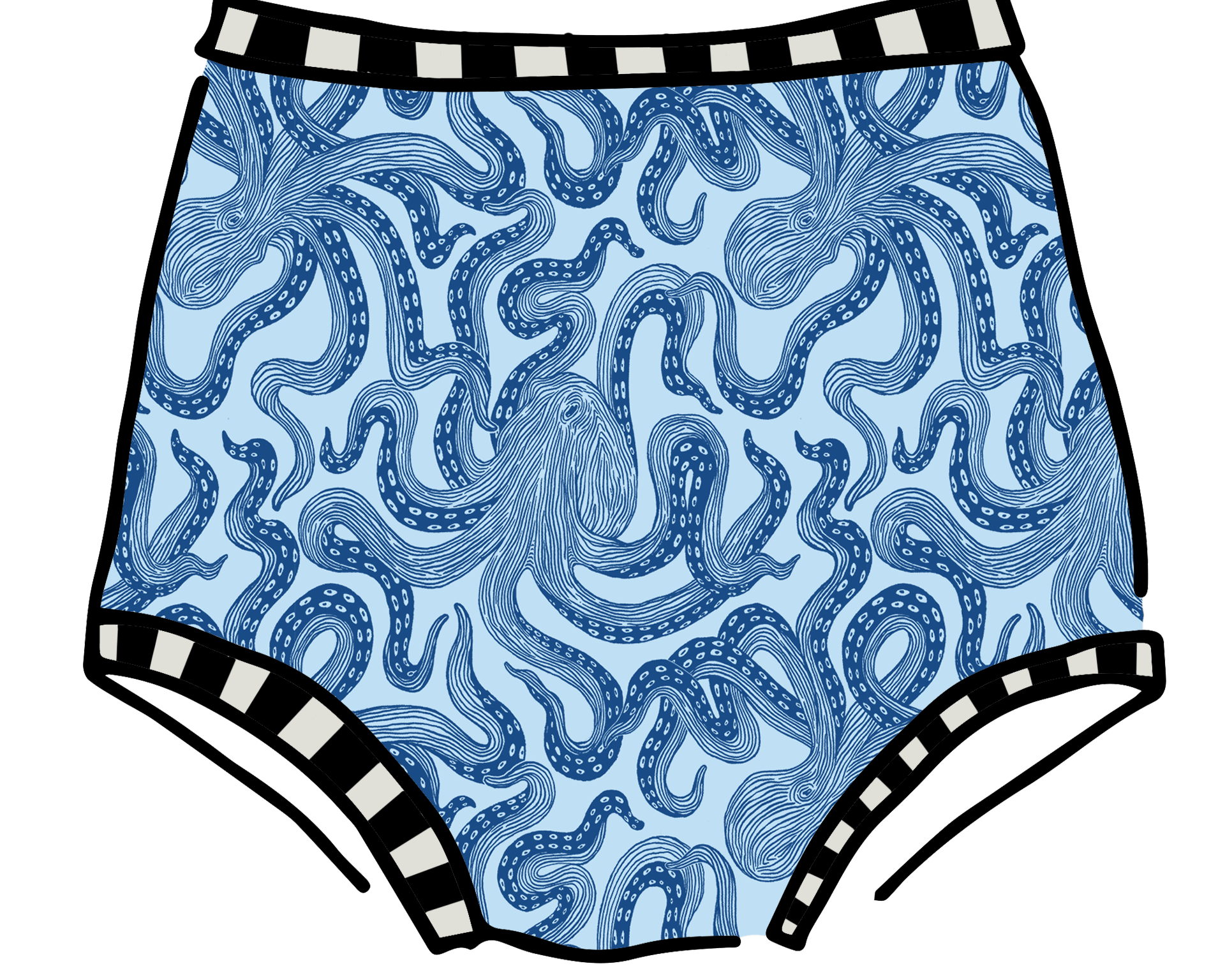 Drawing of Thunderpants Sky Rise style underwear in Octo-Pants print - dark blue octopus on light blue fabric.