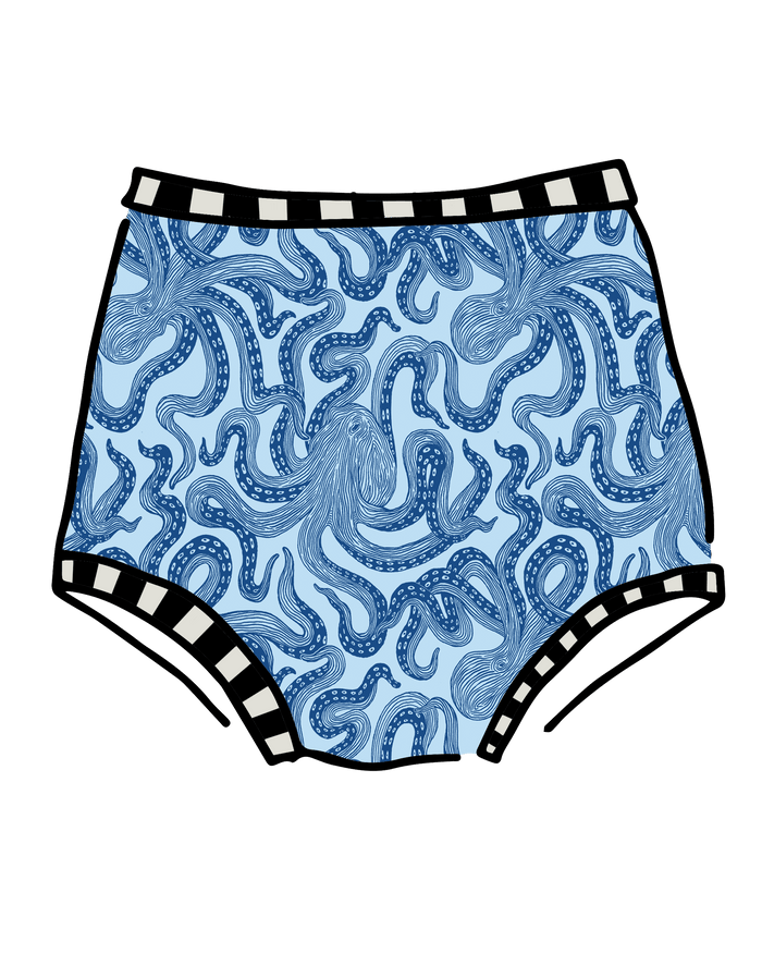 Drawing of Thunderpants Sky Rise style underwear in Octo-Pants print - dark blue octopus on light blue fabric.