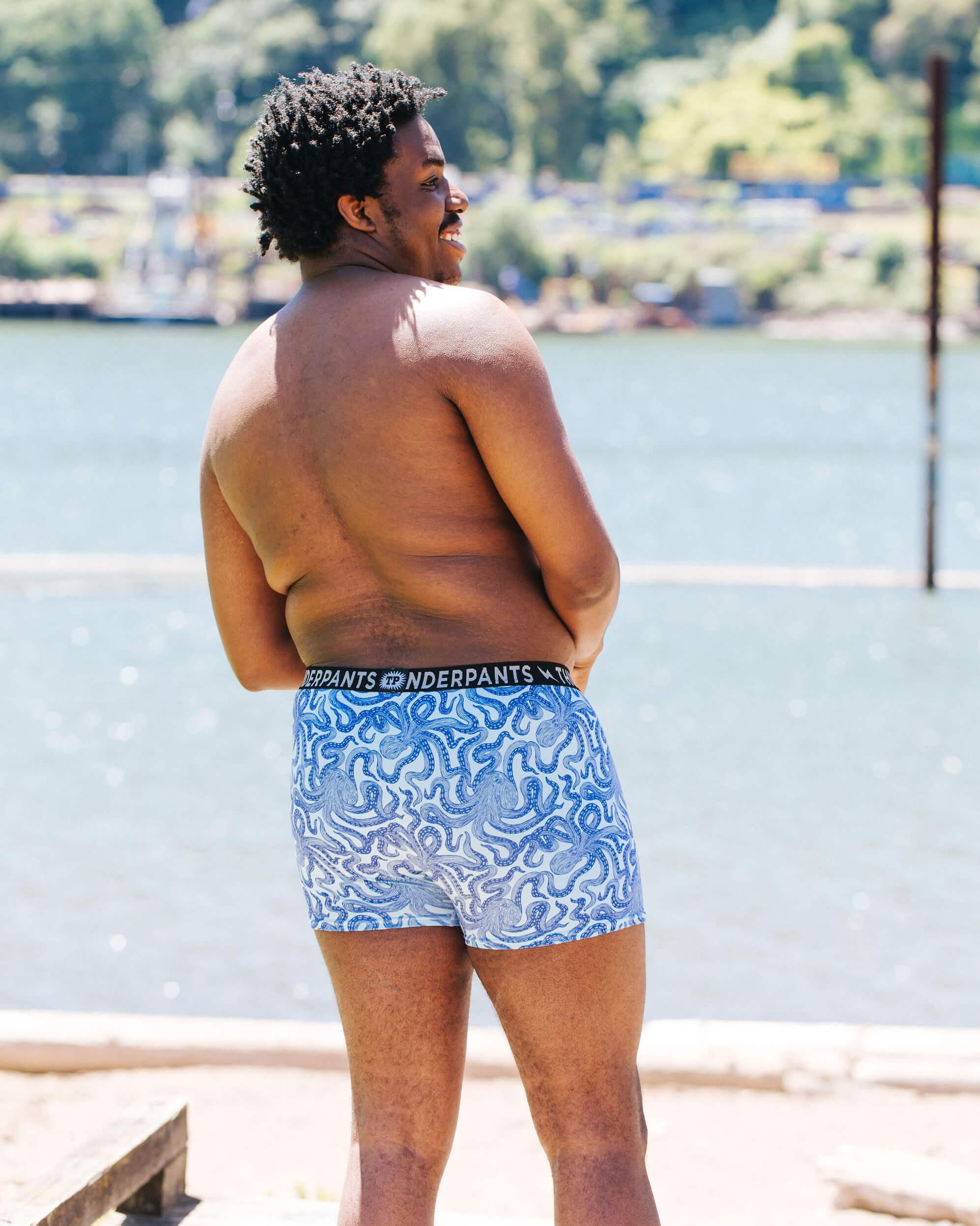 Back of model wearing Thunderpants Boxer Brief style underwear in Octopants print.