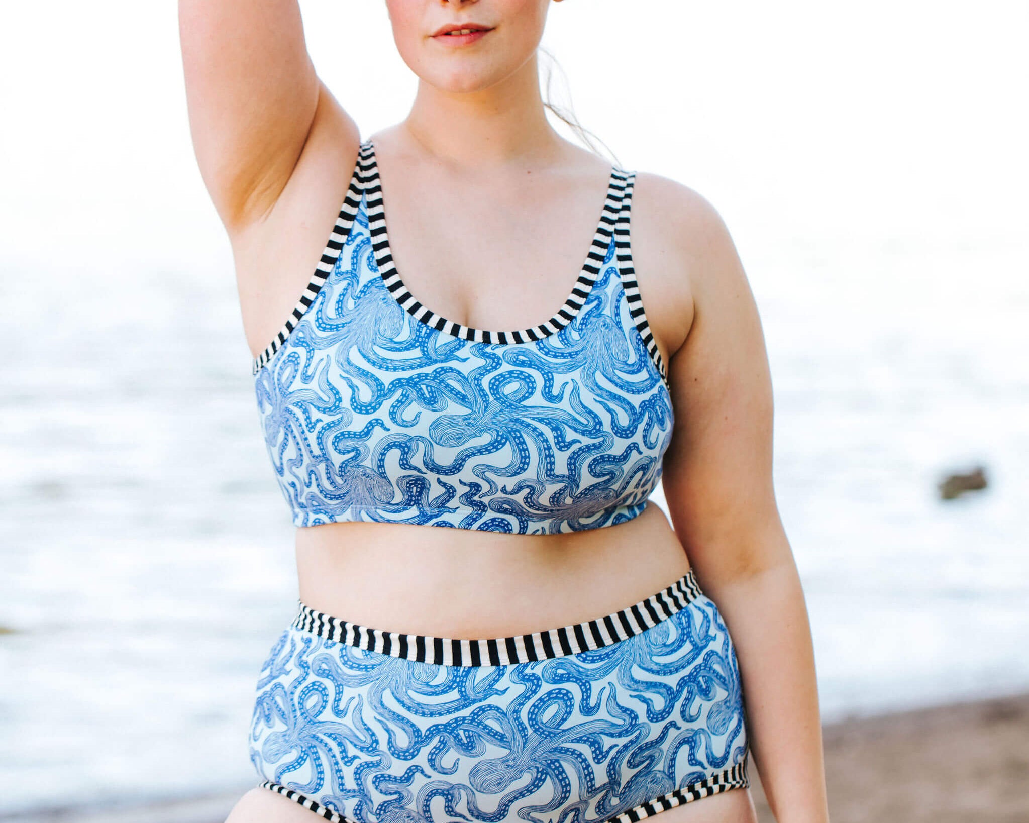 Model outside wearing Thunderpants Original style underwear and Longline Bra in Octopants print.
