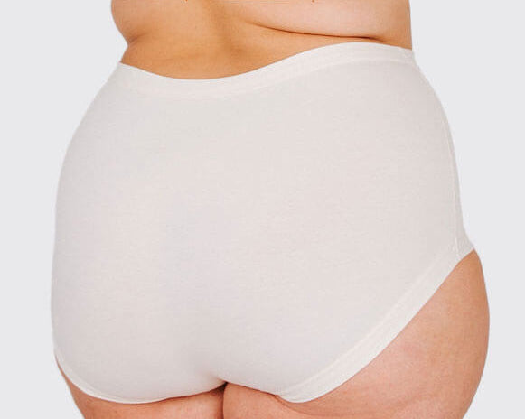 Fit photo from the back of Thunderpants organic cotton Original style underwear in off-white, showing a wedgie-free bum, on a model.