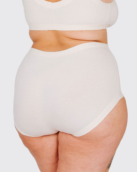 Fit photo from the back of Thunderpants organic cotton Original style underwear in off-white, showing a wedgie-free bum, on a model.