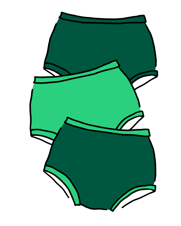 Drawing of a three pack of different green colored Original style underwear.