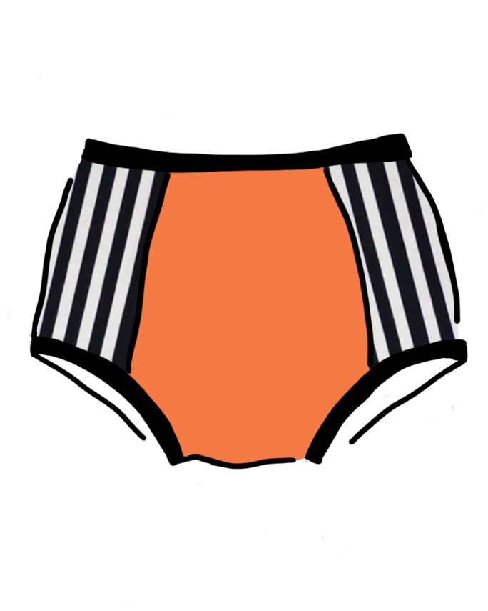 Drawing of Thunderpants Original Panel Pants style underwear in Polterpants: Oregon Sunstone and Black and White Stripe sides.